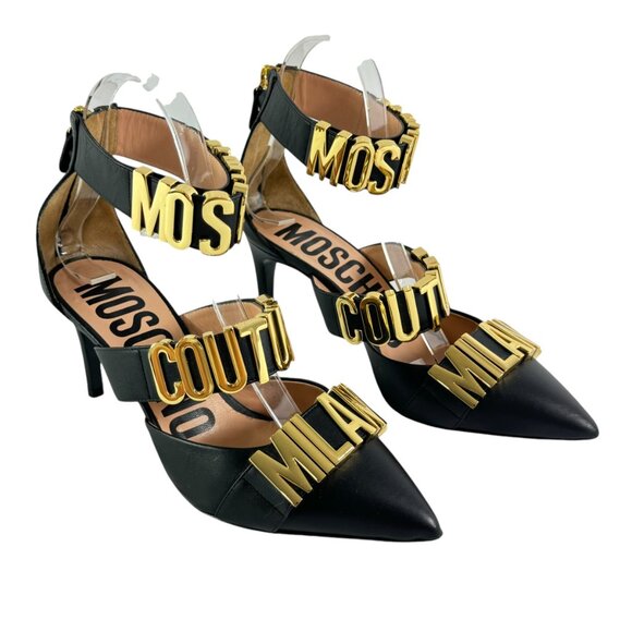 $890 MOSCHINO Milano Black Leather Logo Letter Strappy Sandals Italy 36 - 6US - Picture 3 of 12